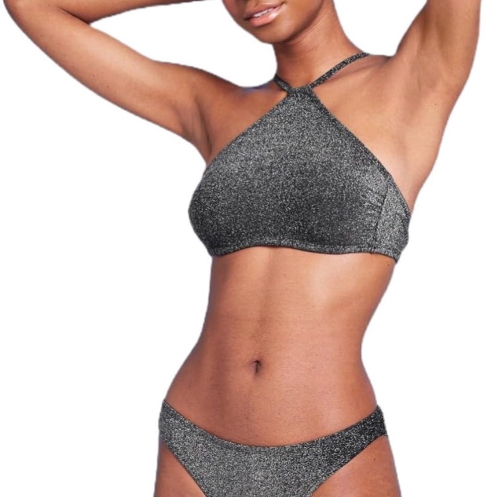 wild fable Shimmery High-Neck Bikini Set - Silver Glitter
